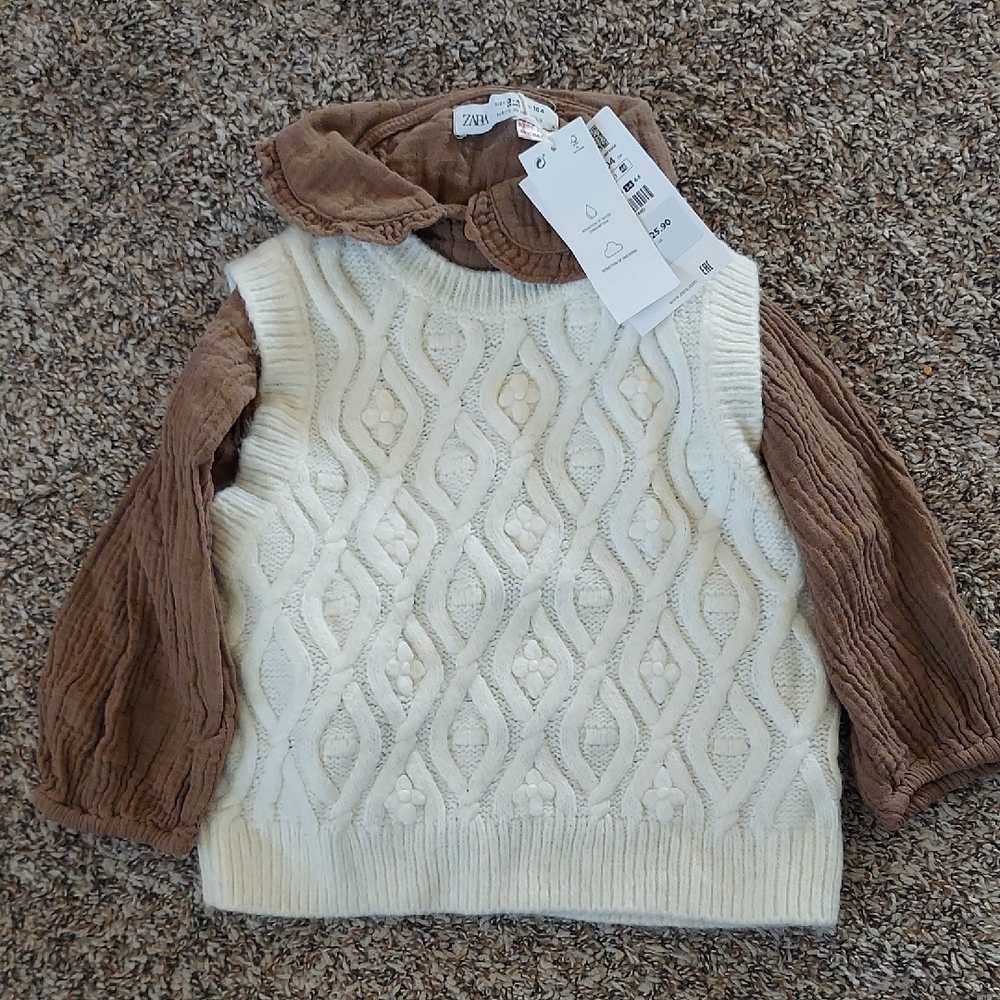 Zara Cream Knit Vest with Brown Long Sleeve Button Up Underneath